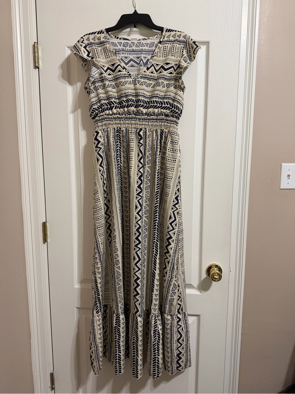 Boho Maxi Dress in Cream and Navy - Elastic Waist, Cap Sleeves